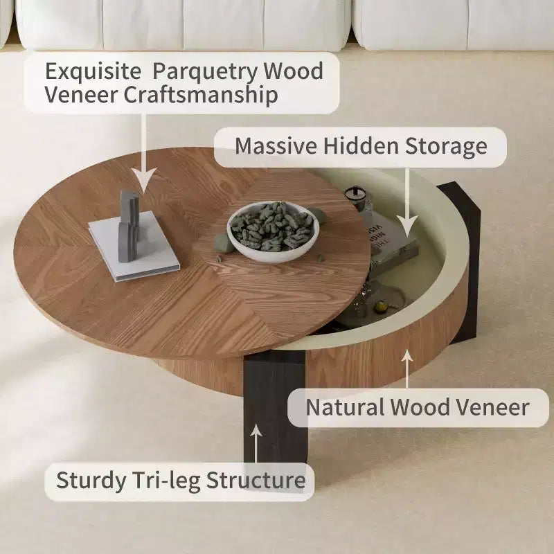 Table basse ronde moderne de 33 pouces avec rangement caché à plateau rabattable – Finition grain de bois