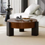 Table basse ronde moderne de 33 pouces avec rangement caché à plateau rabattable – Finition grain de bois