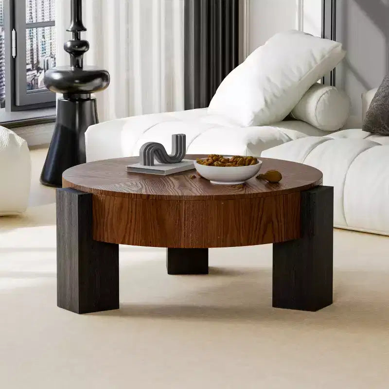 Table basse ronde moderne de 33 pouces avec rangement caché à plateau rabattable – Finition grain de bois