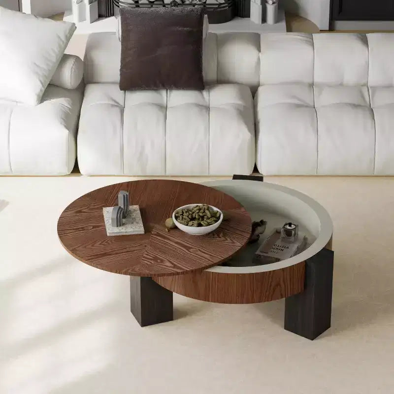 Table basse ronde moderne de 33 pouces avec rangement caché à plateau rabattable – Finition grain de bois
