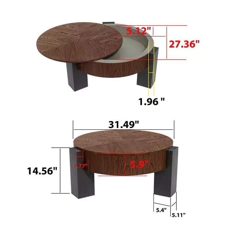 Table basse ronde moderne de 33 pouces avec rangement caché à plateau rabattable – Finition grain de bois