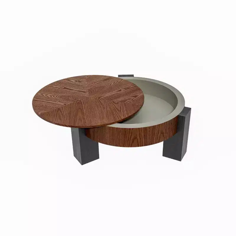 Table basse ronde moderne de 33 pouces avec rangement caché à plateau rabattable – Finition grain de bois