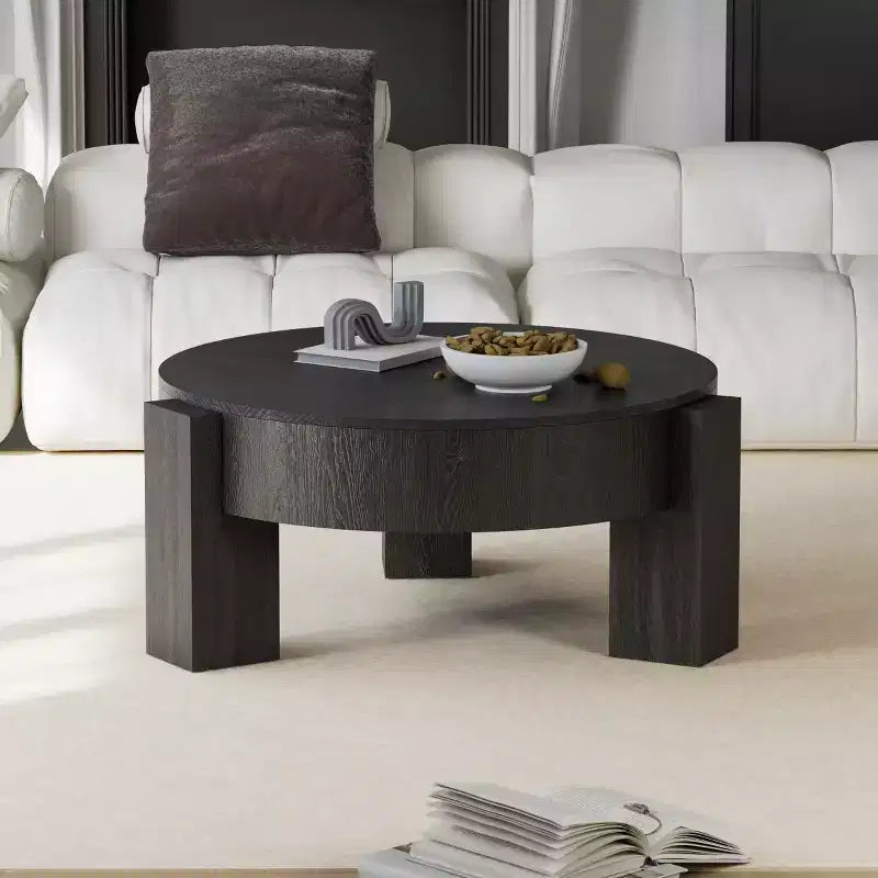 Table basse ronde moderne de 33 pouces avec rangement caché à plateau rabattable – Finition grain de bois