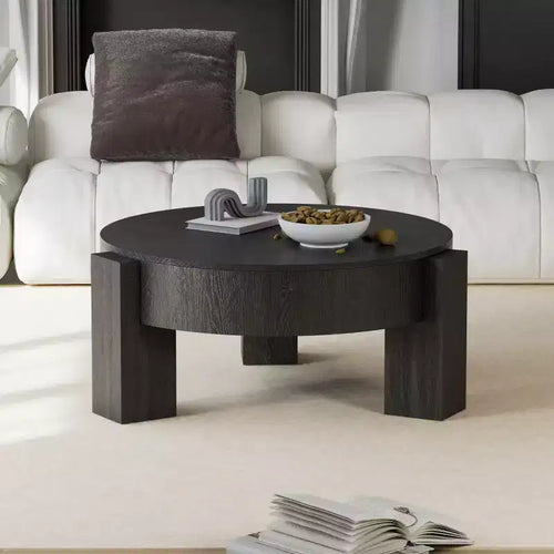 Table basse ronde moderne de 33 pouces avec rangement caché à plateau rabattable – Finition grain de bois