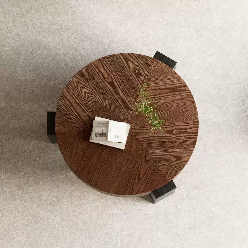 Table basse ronde moderne de 33 pouces avec rangement caché à plateau rabattable – Finition grain de bois
