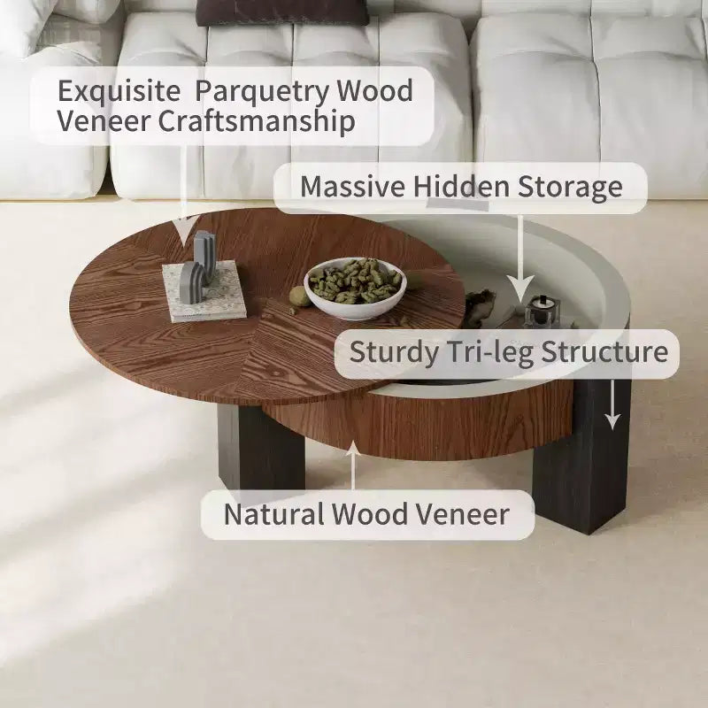 Table basse ronde moderne de 33 pouces avec rangement caché à plateau rabattable – Finition grain de bois