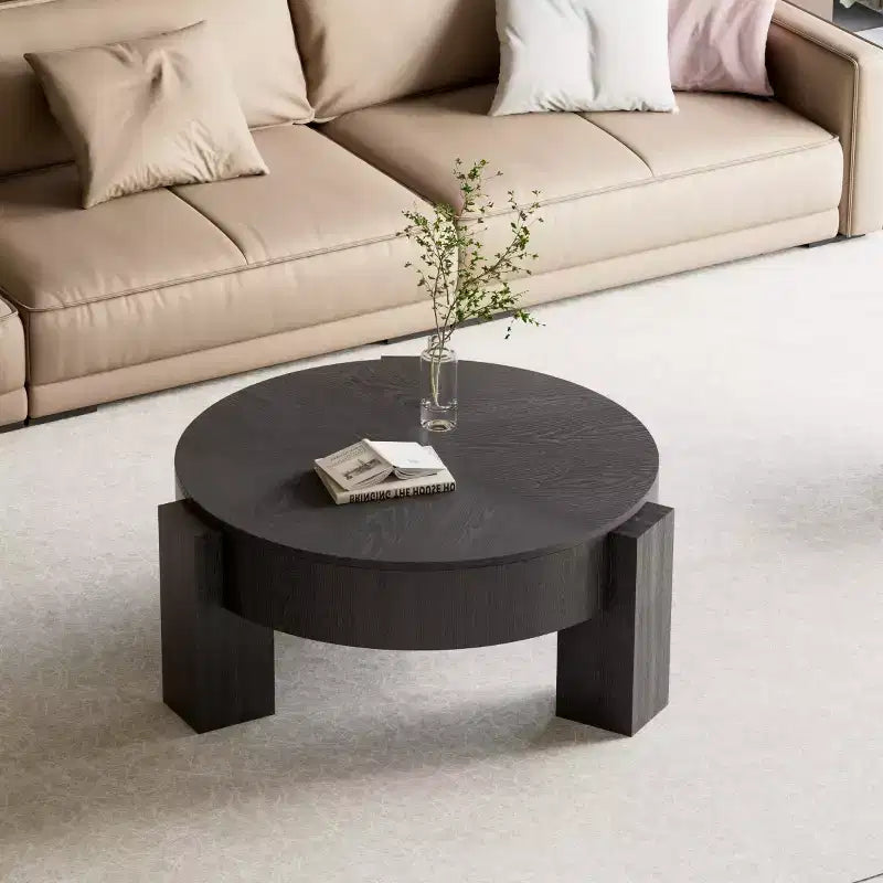 Table basse ronde moderne de 33 pouces avec rangement caché à plateau rabattable – Finition grain de bois