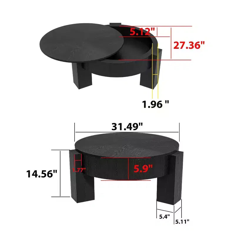 Table basse ronde moderne de 33 pouces avec rangement caché à plateau rabattable – Finition grain de bois
