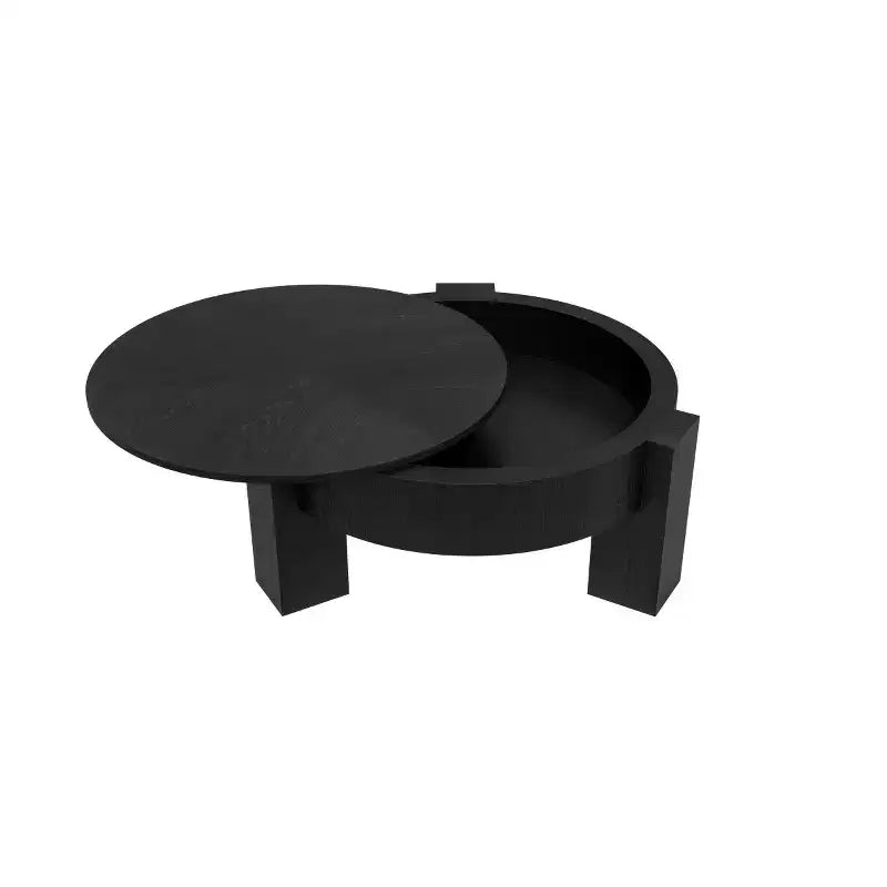 Table basse ronde moderne de 33 pouces avec rangement caché à plateau rabattable – Finition grain de bois