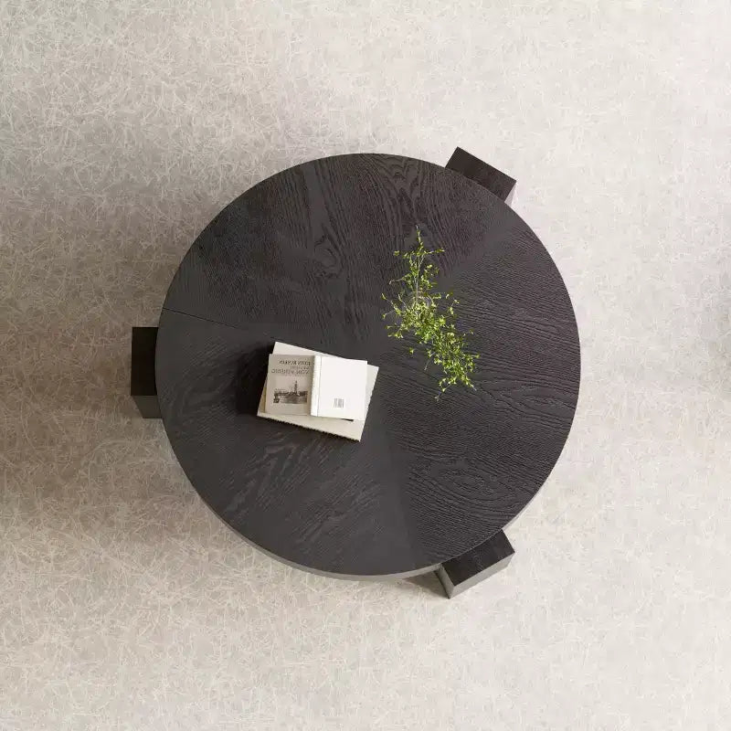 Table basse ronde moderne de 33 pouces avec rangement caché à plateau rabattable – Finition grain de bois
