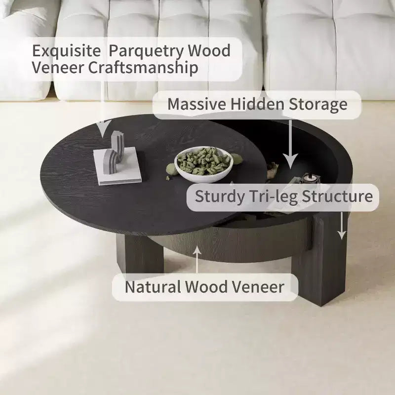 Table basse ronde moderne de 33 pouces avec rangement caché à plateau rabattable – Finition grain de bois