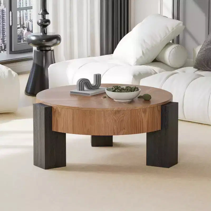 Table basse ronde moderne de 33 pouces avec rangement caché à plateau rabattable – Finition grain de bois