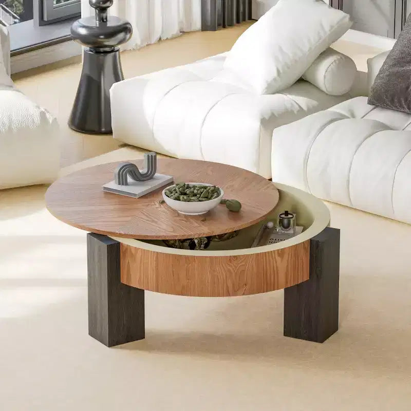 Table basse ronde moderne de 33 pouces avec rangement caché à plateau rabattable – Finition grain de bois