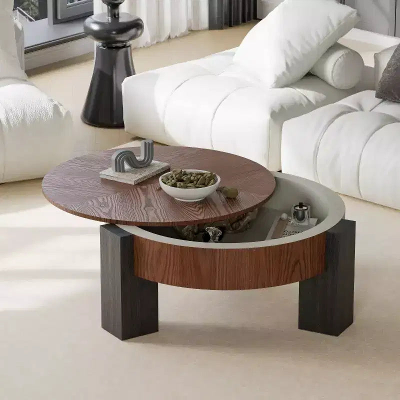 Table basse ronde moderne de 33 pouces avec rangement caché à plateau rabattable – Finition grain de bois