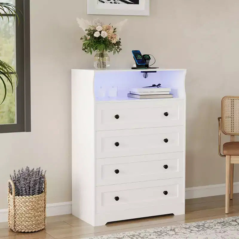 Commode en bois à 4 tiroirs avec lumières LED et station de charge, table de chevet et commode, organisateur de rangement pour chambre à coucher, salon, couloir, placard