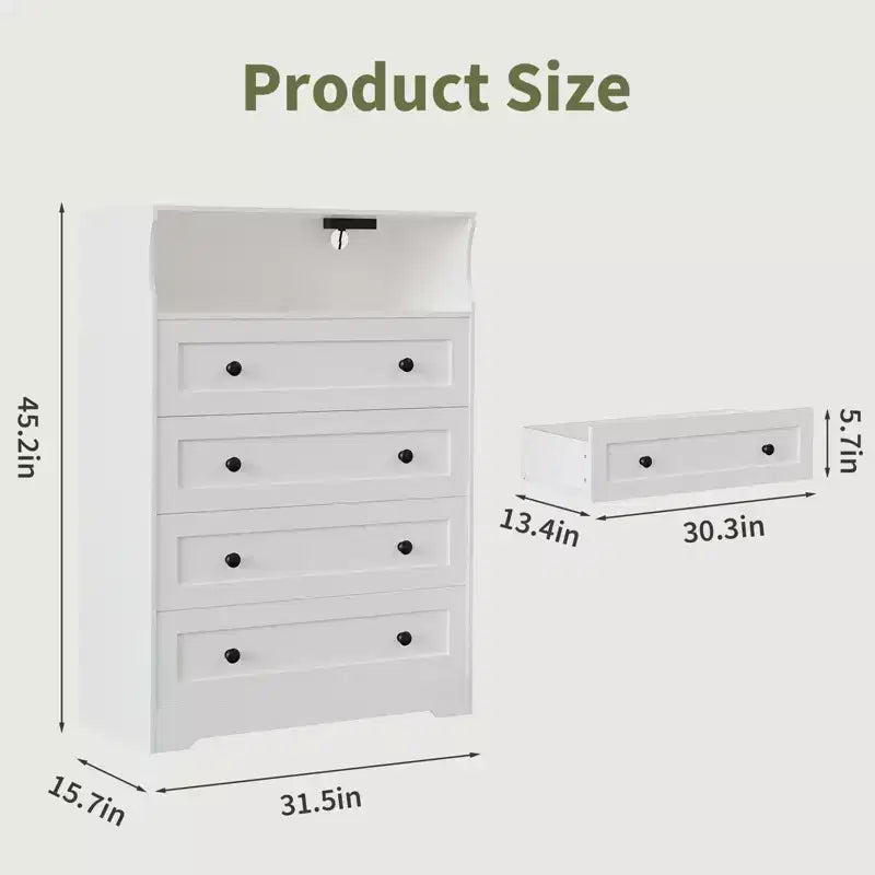 Commode en bois à 4 tiroirs avec lumières LED et station de charge, table de chevet et commode, organisateur de rangement pour chambre à coucher, salon, couloir, placard