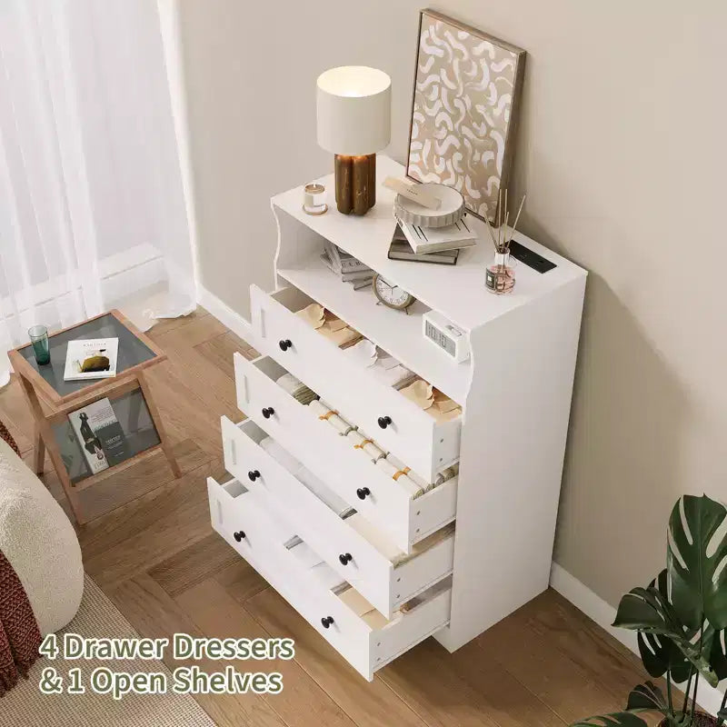 Commode en bois à 4 tiroirs avec lumières LED et station de charge, table de chevet et commode, organisateur de rangement pour chambre à coucher, salon, couloir, placard