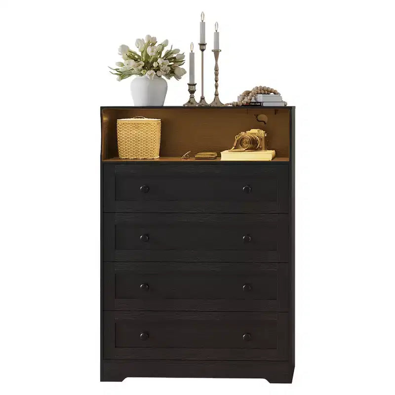 Commode en bois à 4 tiroirs avec lumières LED et station de charge, table de chevet et commode, organisateur de rangement pour chambre à coucher, salon, couloir, placard