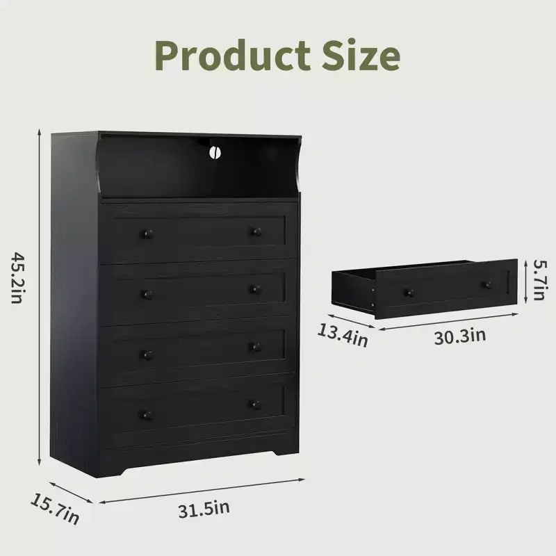 Commode en bois à 4 tiroirs avec lumières LED et station de charge, table de chevet et commode, organisateur de rangement pour chambre à coucher, salon, couloir, placard