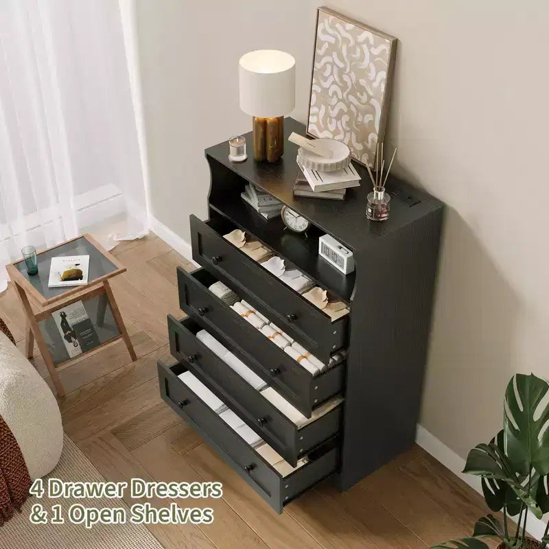 Commode en bois à 4 tiroirs avec lumières LED et station de charge, table de chevet et commode, organisateur de rangement pour chambre à coucher, salon, couloir, placard