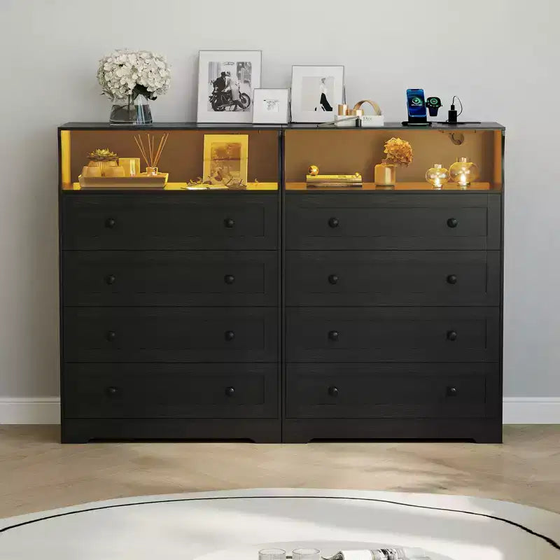 Commode en bois à 4 tiroirs avec lumières LED et station de charge, table de chevet et commode, organisateur de rangement pour chambre à coucher, salon, couloir, placard