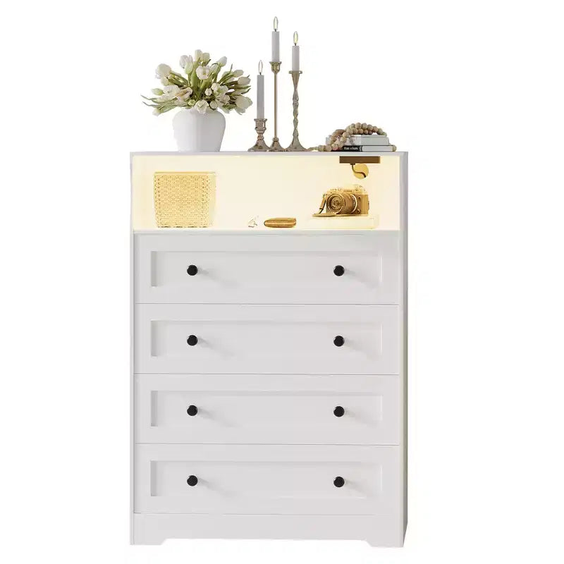 Commode en bois à 4 tiroirs avec lumières LED et station de charge, table de chevet et commode, organisateur de rangement pour chambre à coucher, salon, couloir, placard