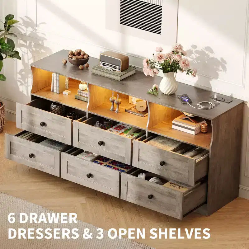 Commode en bois 6 tiroirs de 63 po avec prise de courant et étagères ouvertes, meuble TV moderne pour salon et chambre à coucher, chiffonnier