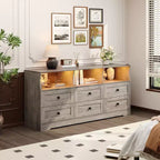 Commode en bois 6 tiroirs de 63 po avec prise de courant et étagères ouvertes, meuble TV moderne pour salon et chambre à coucher, chiffonnier