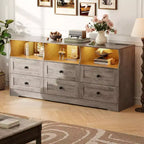 Commode en bois 6 tiroirs de 63 po avec prise de courant et étagères ouvertes, meuble TV moderne pour salon et chambre à coucher, chiffonnier