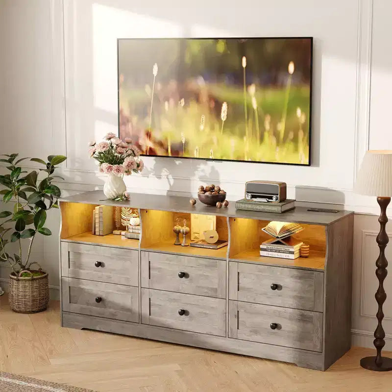 Commode en bois 6 tiroirs de 63 po avec prise de courant et étagères ouvertes, meuble TV moderne pour salon et chambre à coucher, chiffonnier