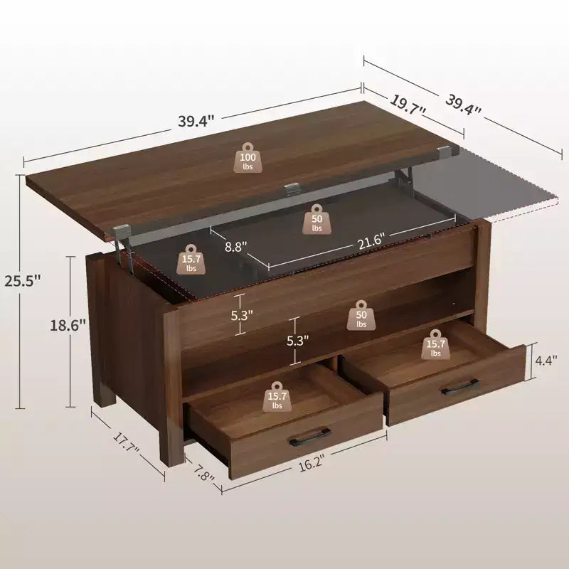 Table basse de 40 pouces, table basse relevable avec tiroirs et compartiment caché, se transforme en table de bureau à domicile, table à manger pour salon