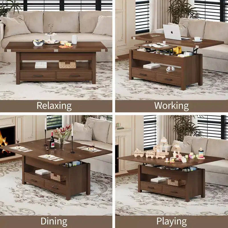 Table basse de 40 pouces, table basse relevable avec tiroirs et compartiment caché, se transforme en table de bureau à domicile, table à manger pour salon