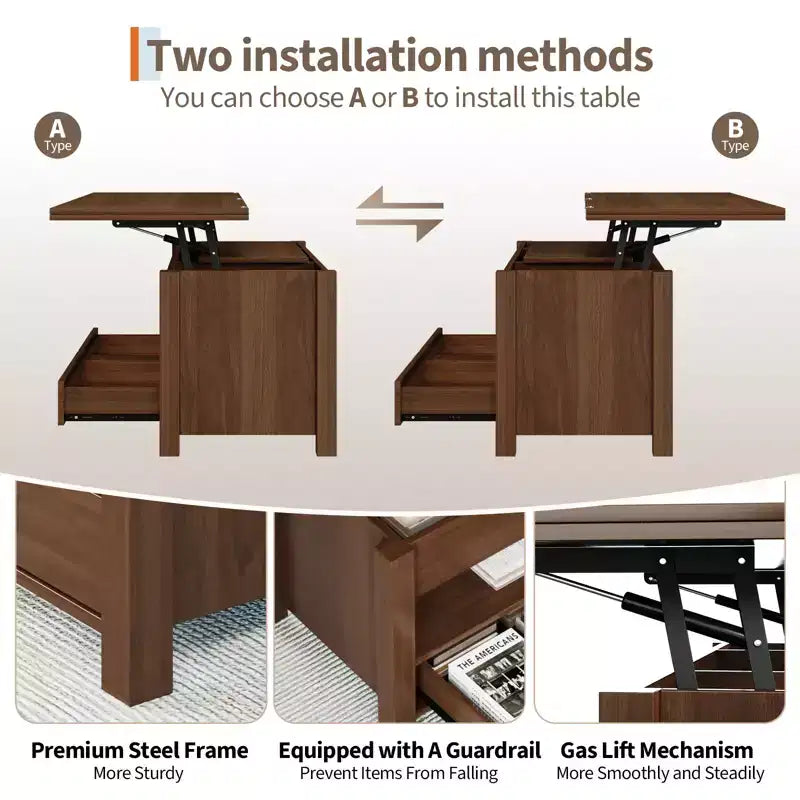 Table basse de 40 pouces, table basse relevable avec tiroirs et compartiment caché, se transforme en table de bureau à domicile, table à manger pour salon