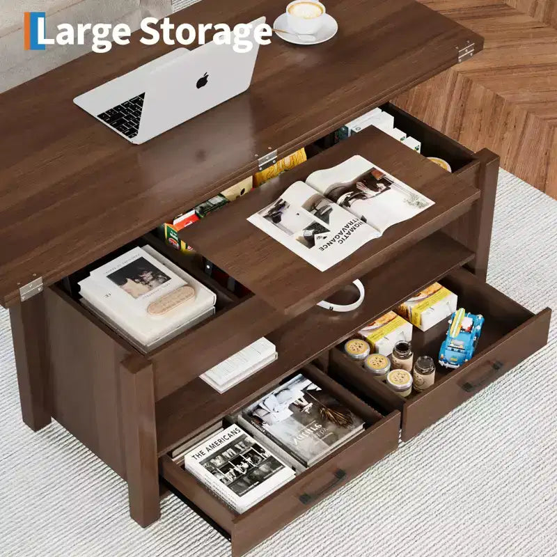 Table basse de 40 pouces, table basse relevable avec tiroirs et compartiment caché, se transforme en table de bureau à domicile, table à manger pour salon