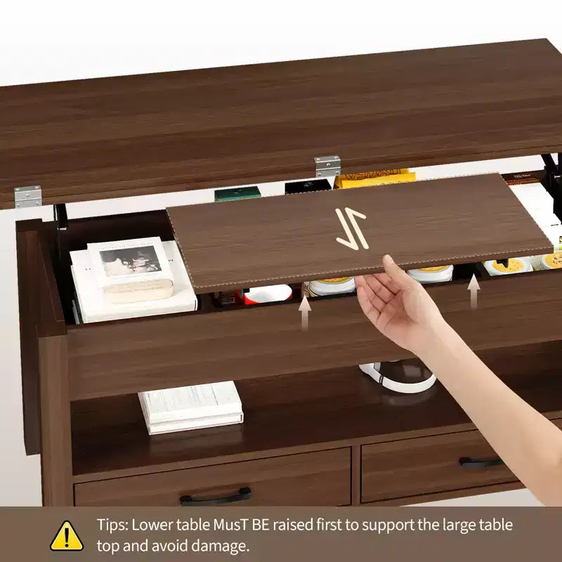 Table basse de 40 pouces, table basse relevable avec tiroirs et compartiment caché, se transforme en table de bureau à domicile, table à manger pour salon