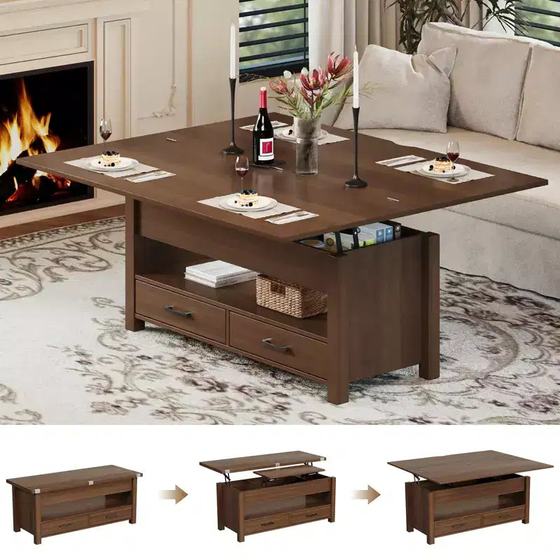 Table basse de 40 pouces, table basse relevable avec tiroirs et compartiment caché, se transforme en table de bureau à domicile, table à manger pour salon