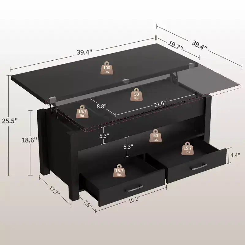 Table basse de 40 pouces, table basse relevable avec tiroirs et compartiment caché, se transforme en table de bureau à domicile, table à manger pour salon