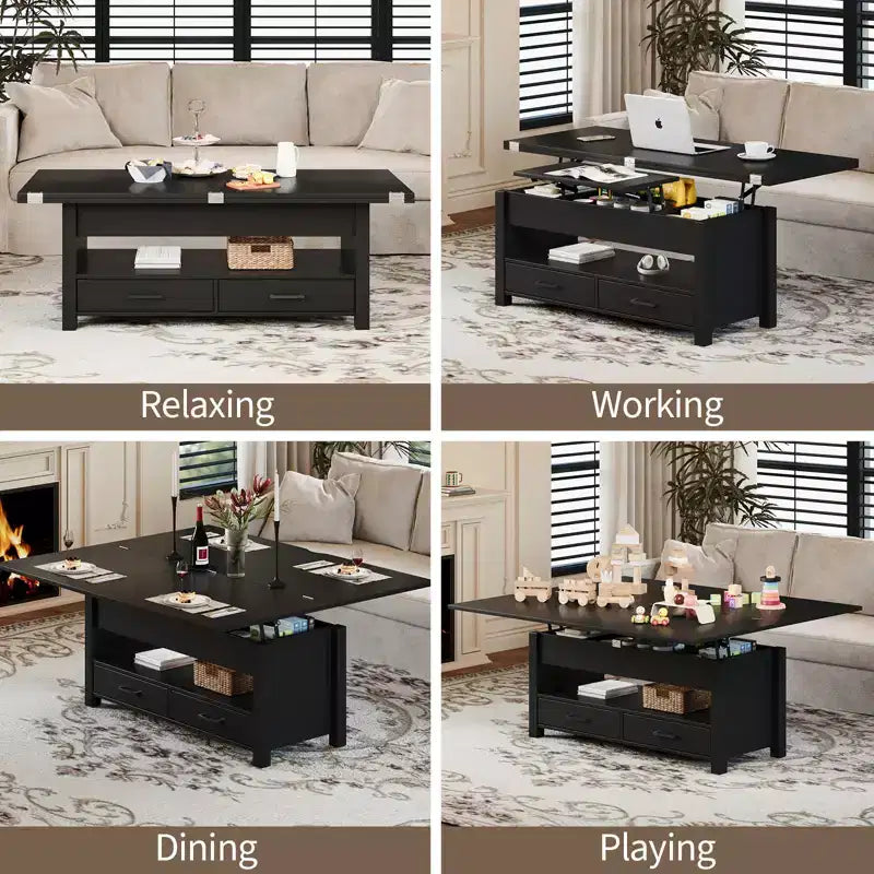 Table basse de 40 pouces, table basse relevable avec tiroirs et compartiment caché, se transforme en table de bureau à domicile, table à manger pour salon