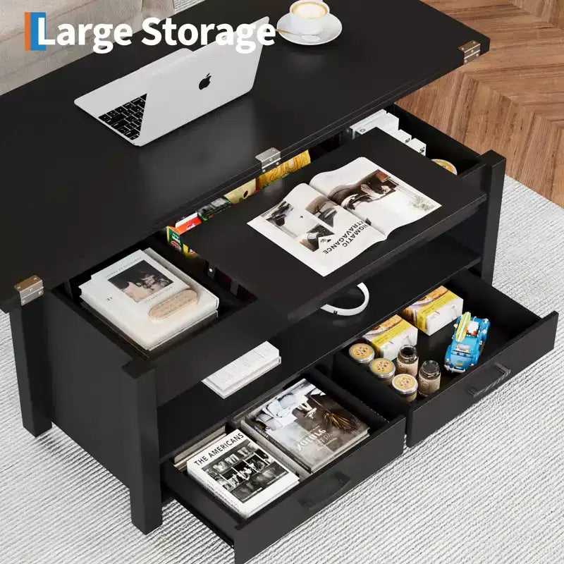 Table basse de 40 pouces, table basse relevable avec tiroirs et compartiment caché, se transforme en table de bureau à domicile, table à manger pour salon