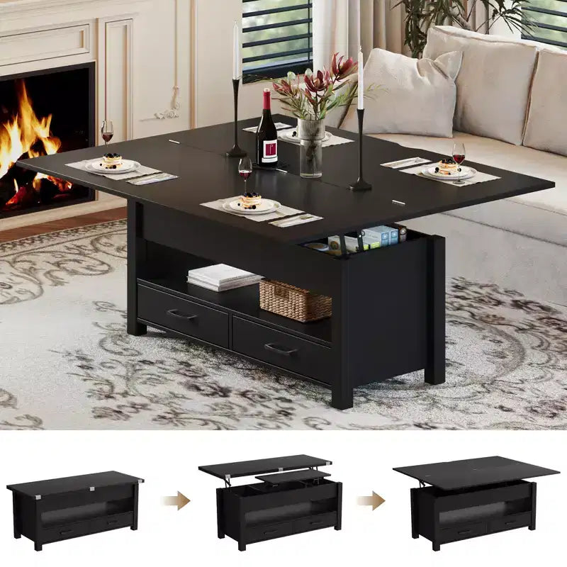 Table basse de 40 pouces, table basse relevable avec tiroirs et compartiment caché, se transforme en table de bureau à domicile, table à manger pour salon