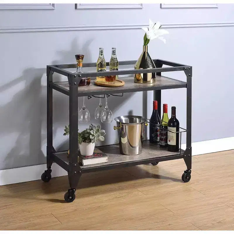 Chariot de bar en chêne rustique – Finition anthracite, roues à roulettes