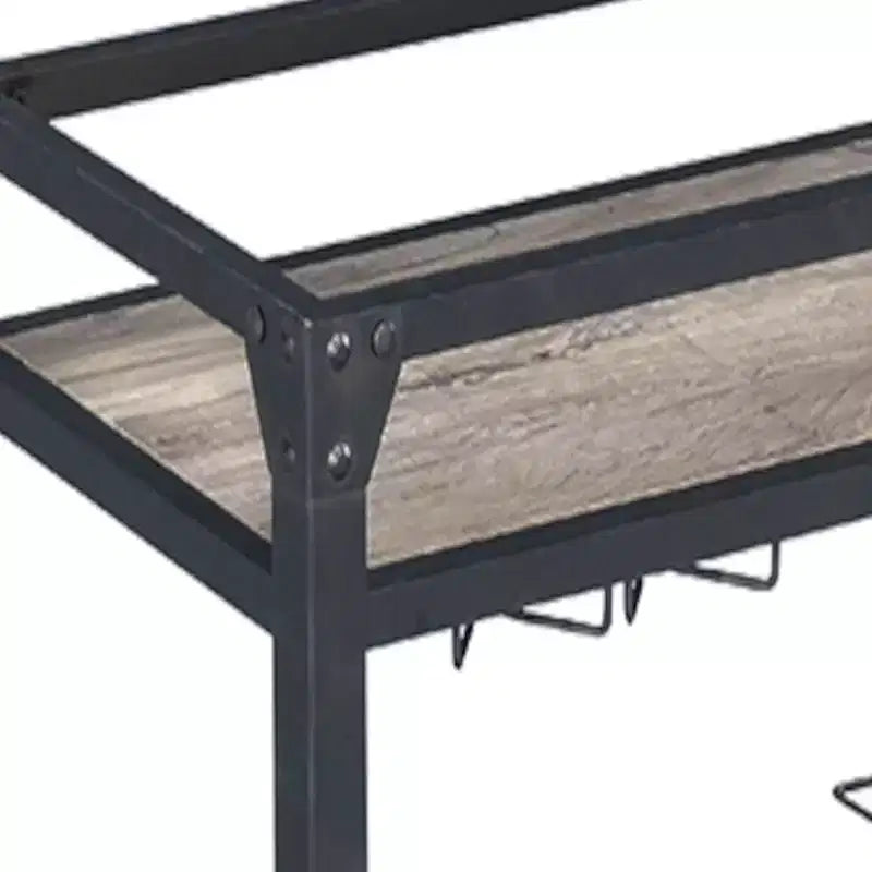 Chariot de bar en chêne rustique – Finition anthracite, roues à roulettes