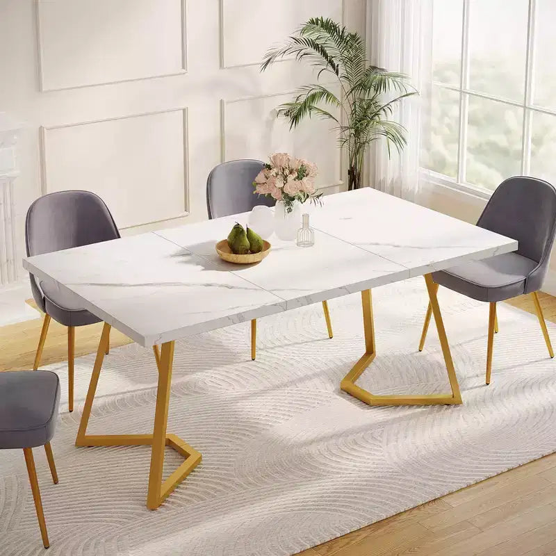 LITTLE TREE 55" Modern Rectangular Dining Table White/Gold