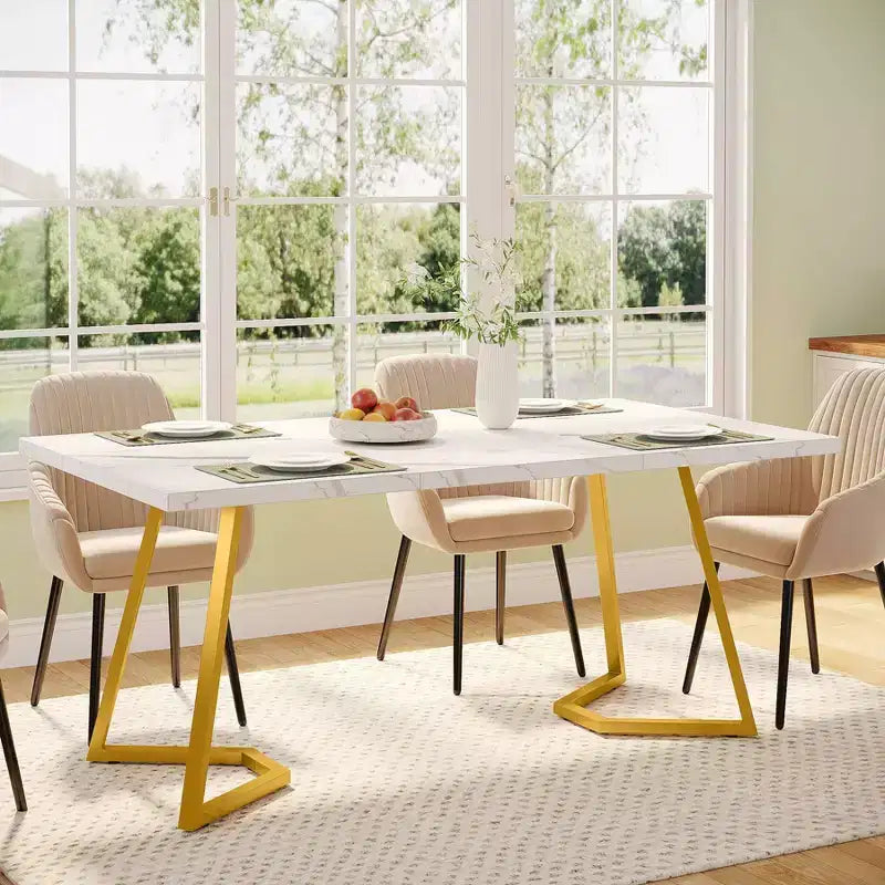 Table à manger rectangulaire moderne 55" – Blanc et doré