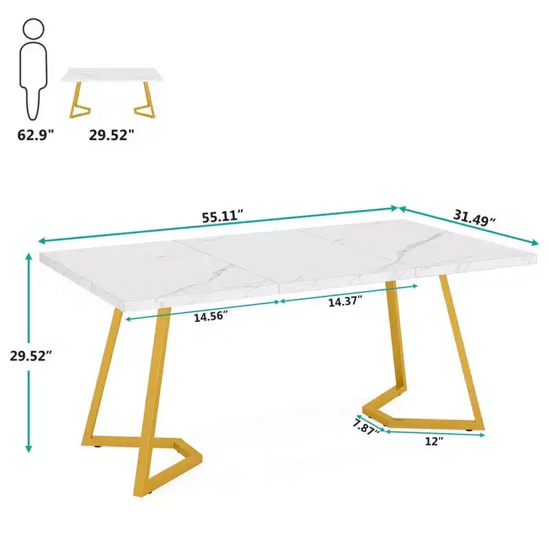 Table à manger rectangulaire moderne 55" – Blanc et doré