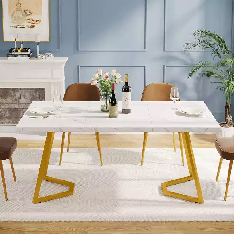 Table à manger rectangulaire moderne 55" – Blanc et doré