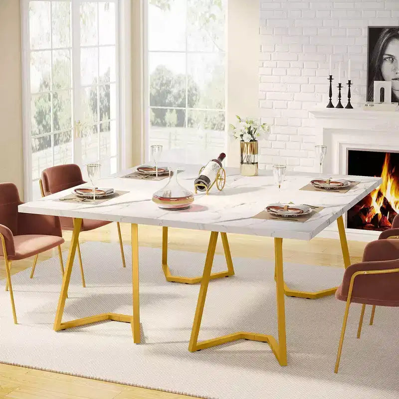 Table à manger rectangulaire moderne 55" – Blanc et doré