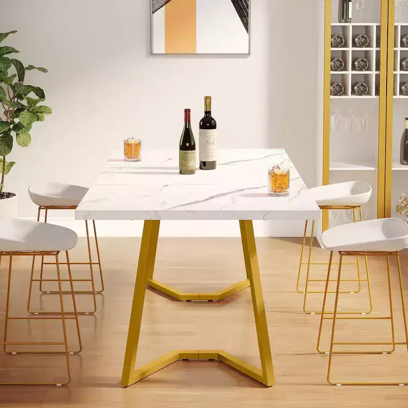 Table à manger rectangulaire moderne 55" – Blanc et doré