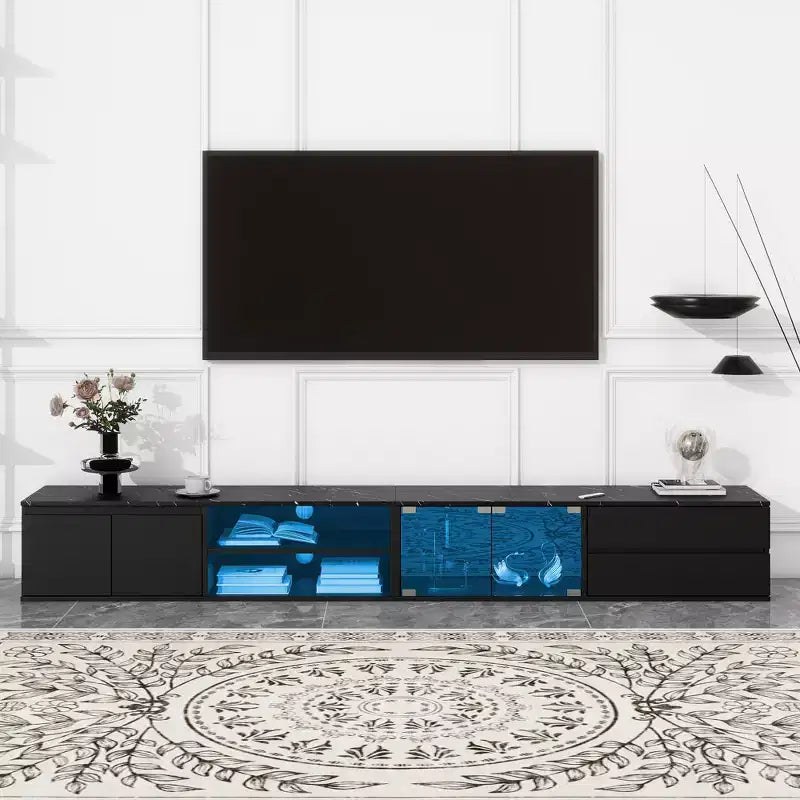 Meuble TV LED contrôlé par application pour téléviseurs jusqu'à 105" avec portes en verre trempé