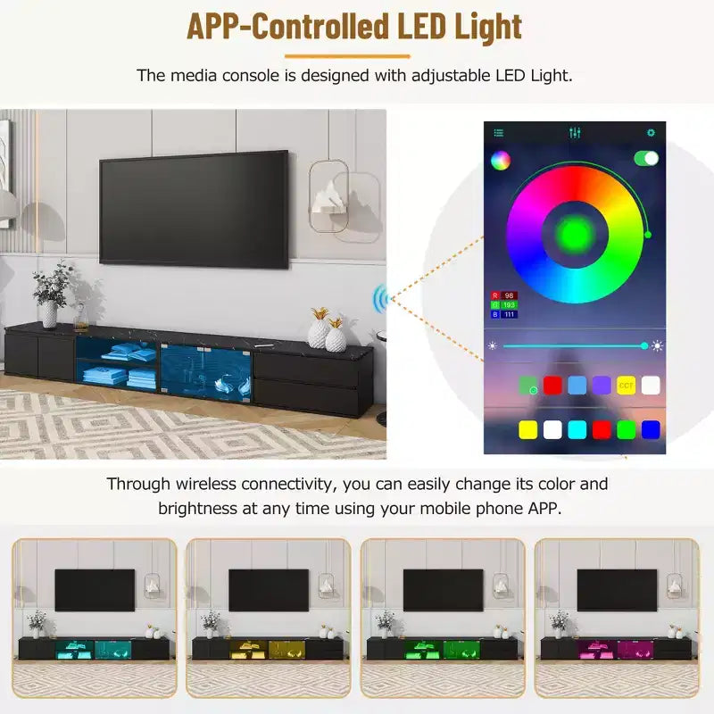 Meuble TV LED contrôlé par application pour téléviseurs jusqu'à 105" avec portes en verre trempé